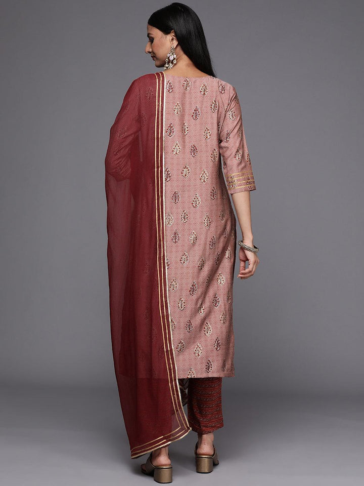 Maroon Yoke Design Silk Blend Straight Suit Set