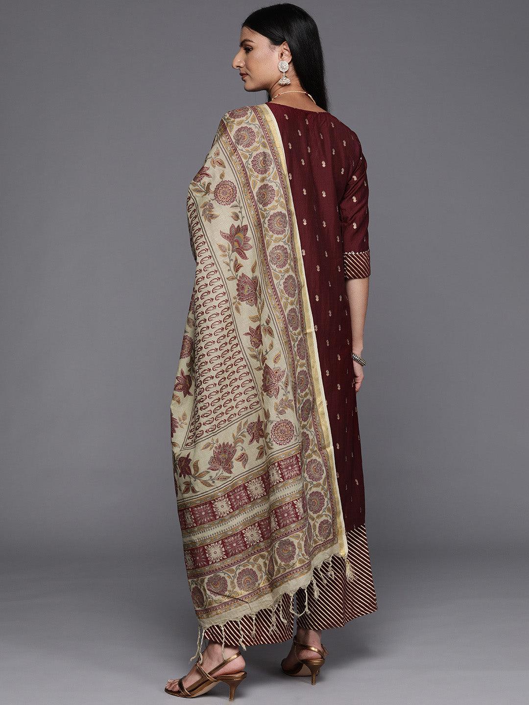 Maroon Yoke Design Silk Blend Straight Suit Set - ShopLibas
