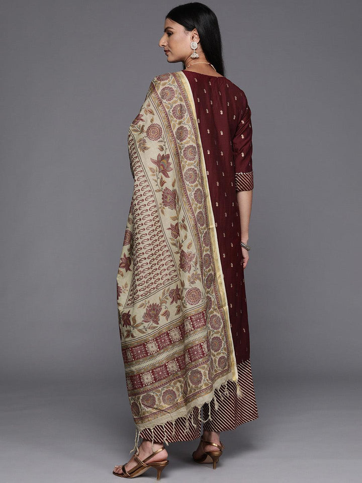 Maroon Yoke Design Silk Blend Straight Suit Set