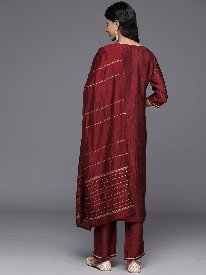 Maroon Yoke Design Silk Blend Straight Kurta With Trousers & Dupatta