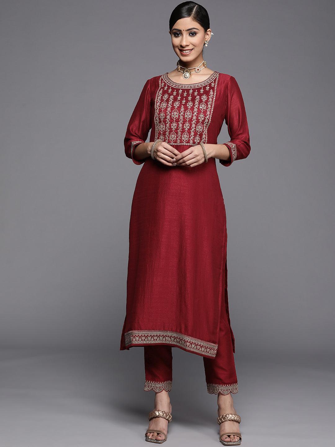 Maroon Yoke Design Silk Kurta - ShopLibas