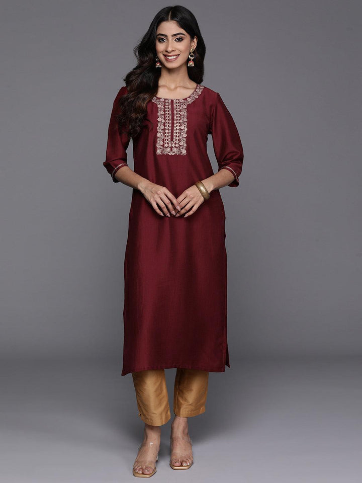 Maroon Yoke Design Silk Straight Kurta