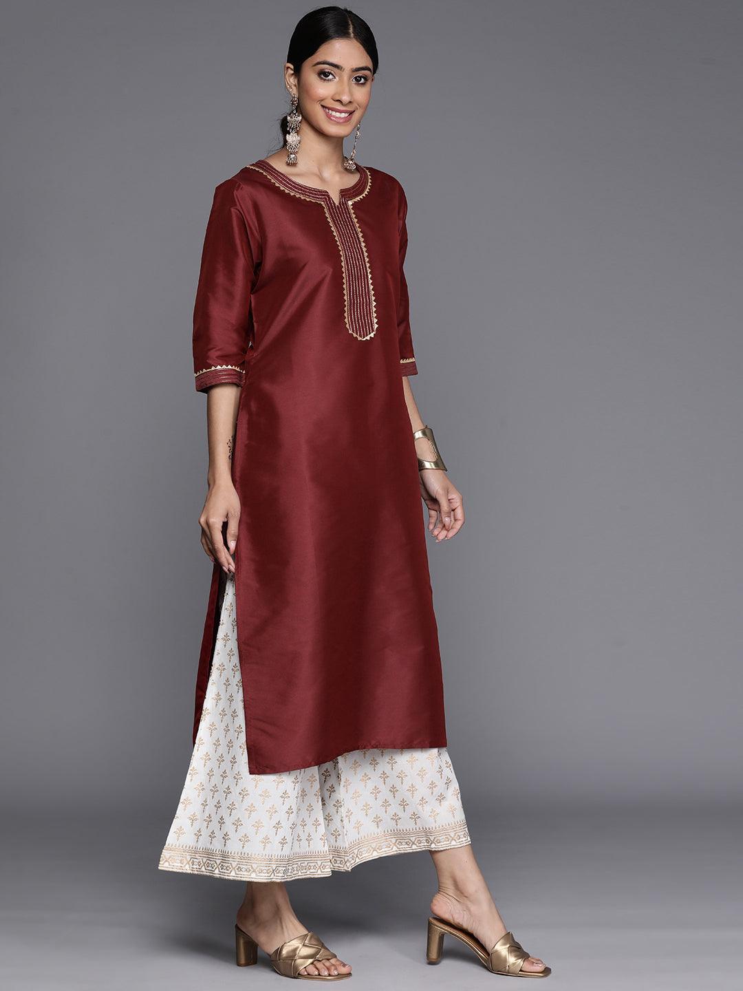 Maroon Yoke Design Silk Straight Kurta - ShopLibas