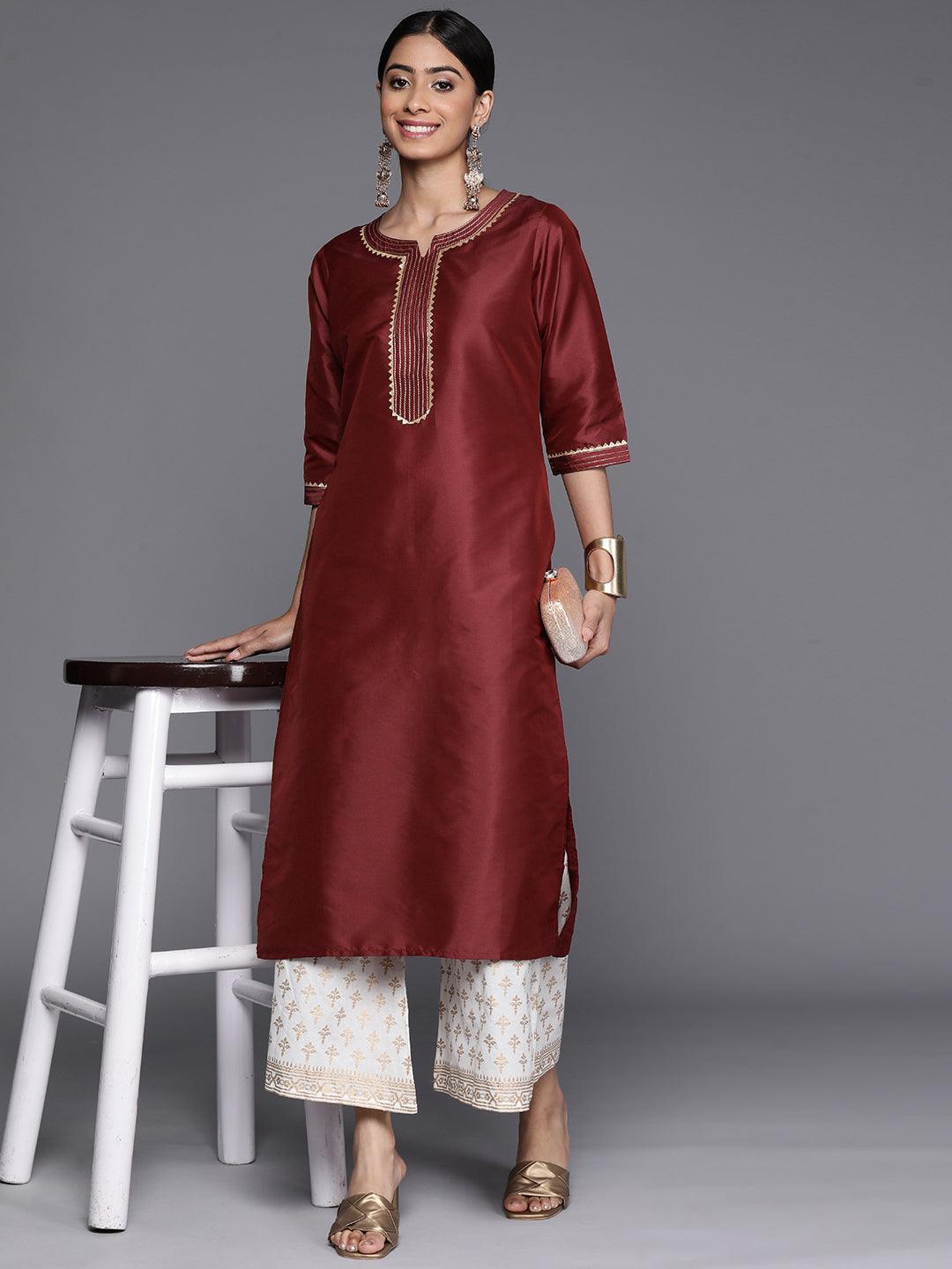 Maroon Yoke Design Silk Straight Kurta - ShopLibas