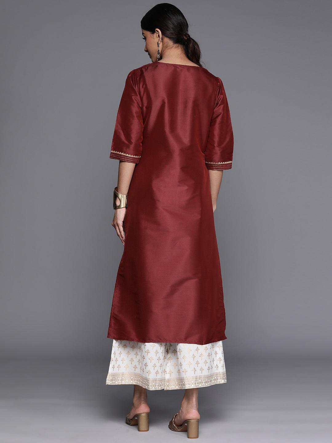 Maroon Yoke Design Silk Straight Kurta - ShopLibas