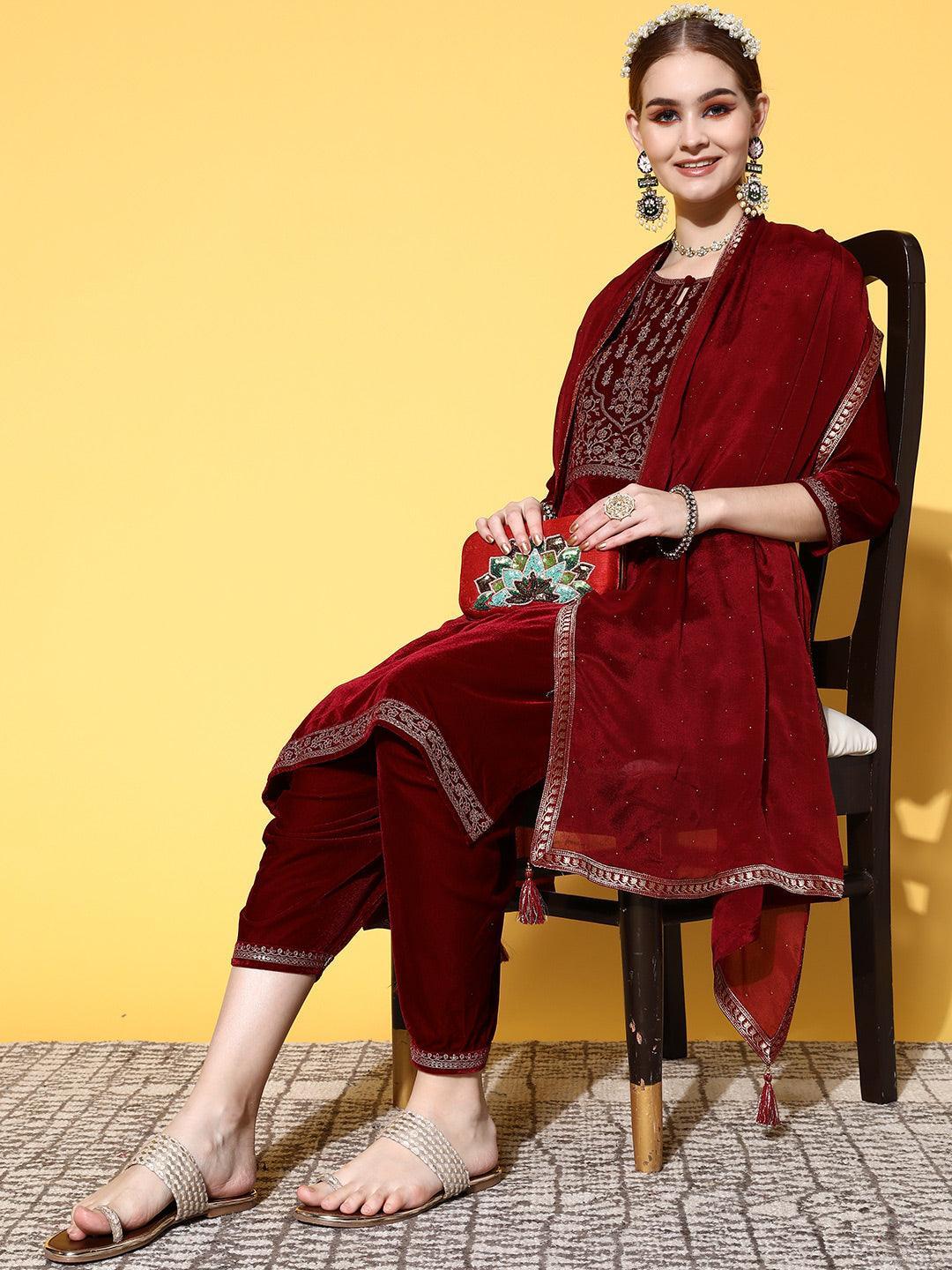 Maroon Yoke Design Velvet Straight Suit Set - ShopLibas