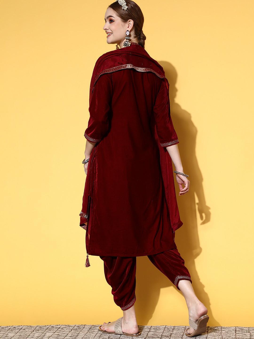 Maroon Yoke Design Velvet Straight Suit Set - ShopLibas