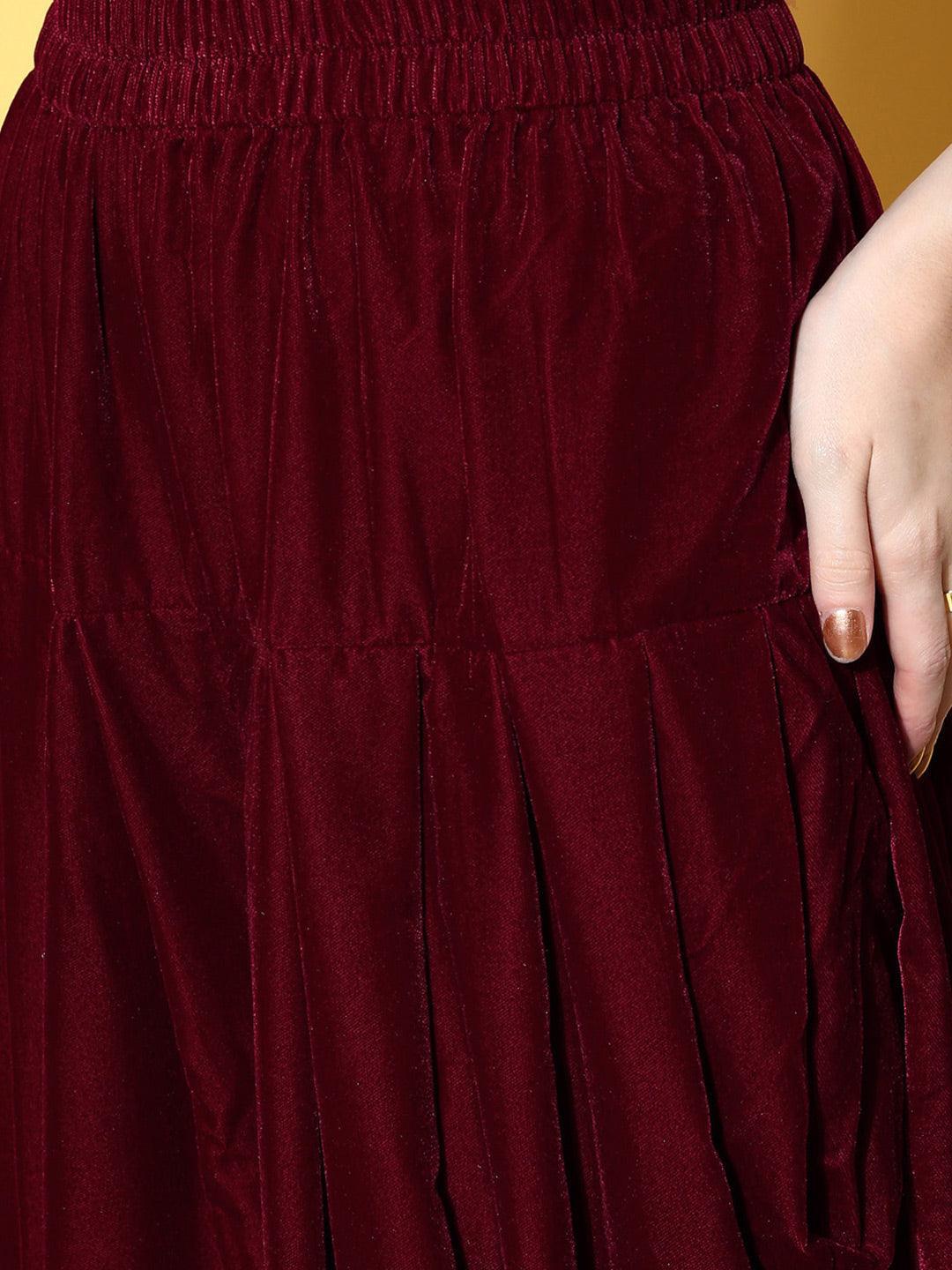 Maroon Yoke Design Velvet Straight Suit Set - ShopLibas