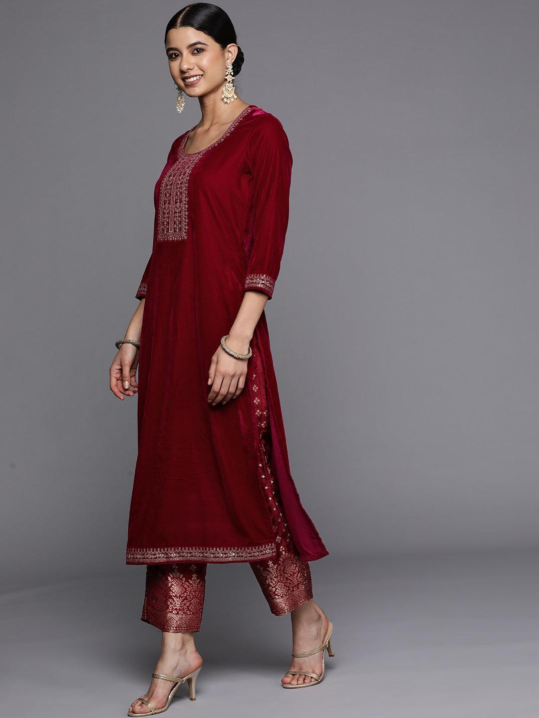 Maroon Yoke Design Velvet Straight Suit Set - ShopLibas