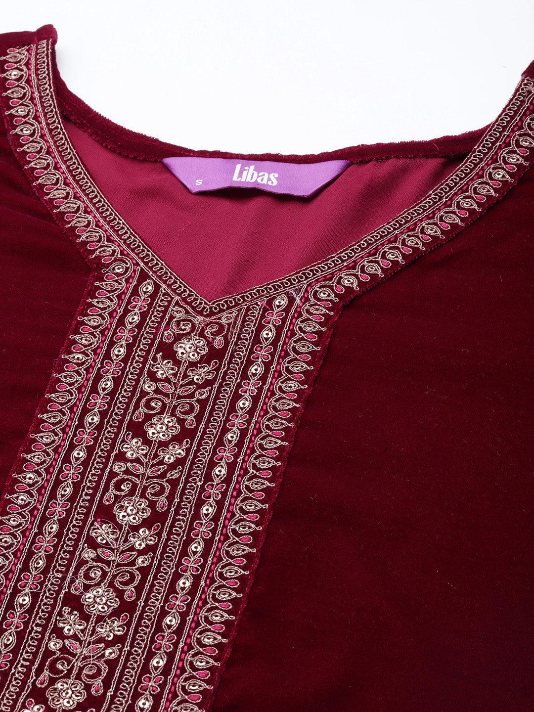 Maroon Yoke Design Velvet Straight Suit Set - ShopLibas