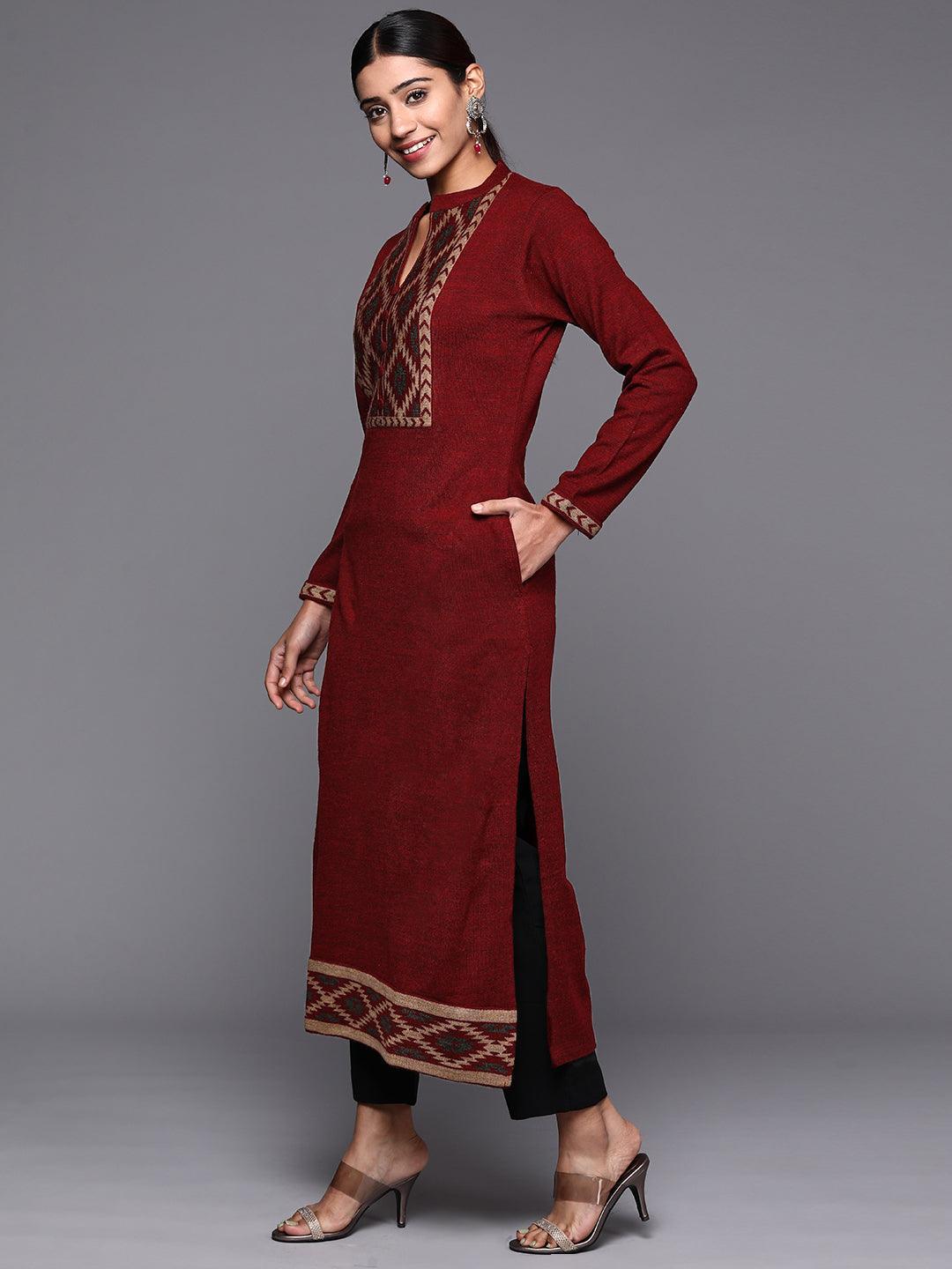 Maroon Yoke Design Wool Straight Kurta - ShopLibas