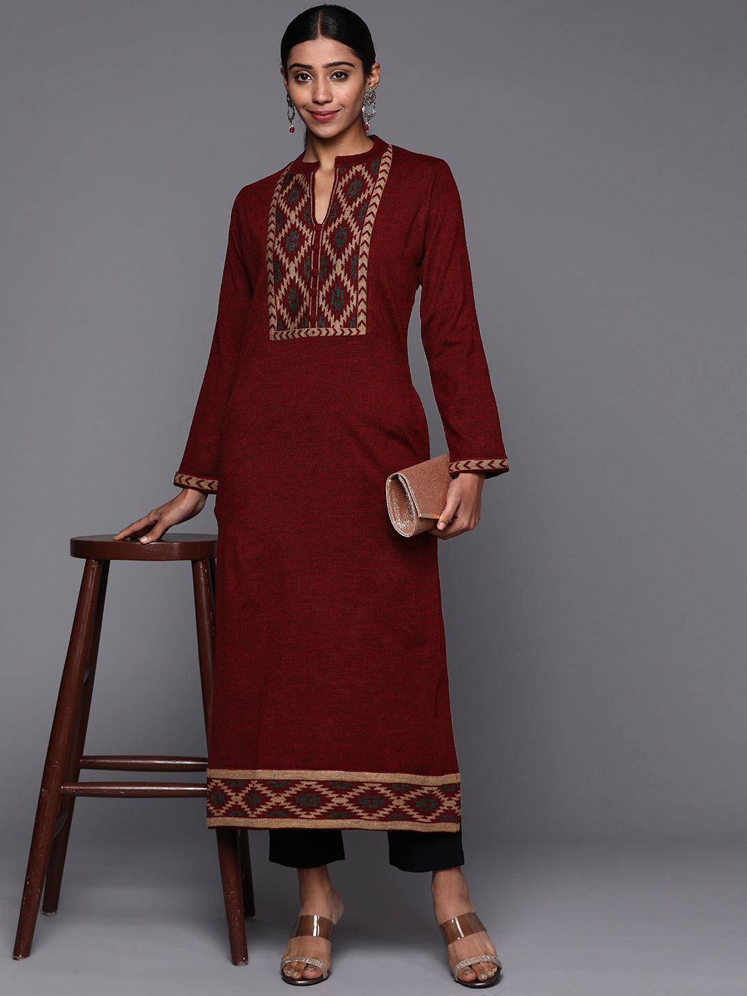Maroon Yoke Design Wool Straight Kurta - ShopLibas