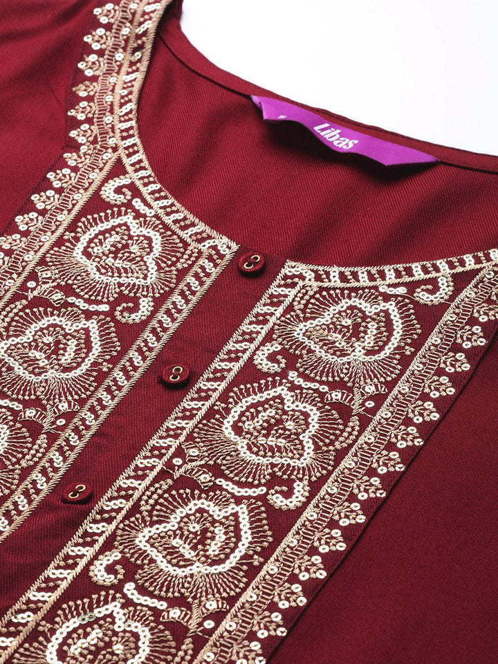 Maroon Yoke Design Wool Straight Kurta