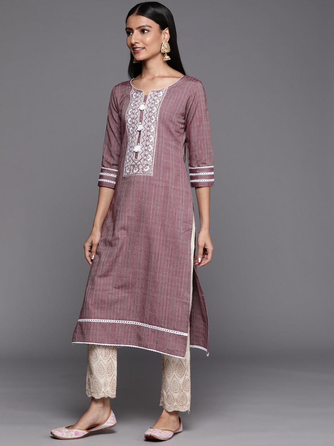 Mauve Embroidered Cotton Straight Kurta - ShopLibas