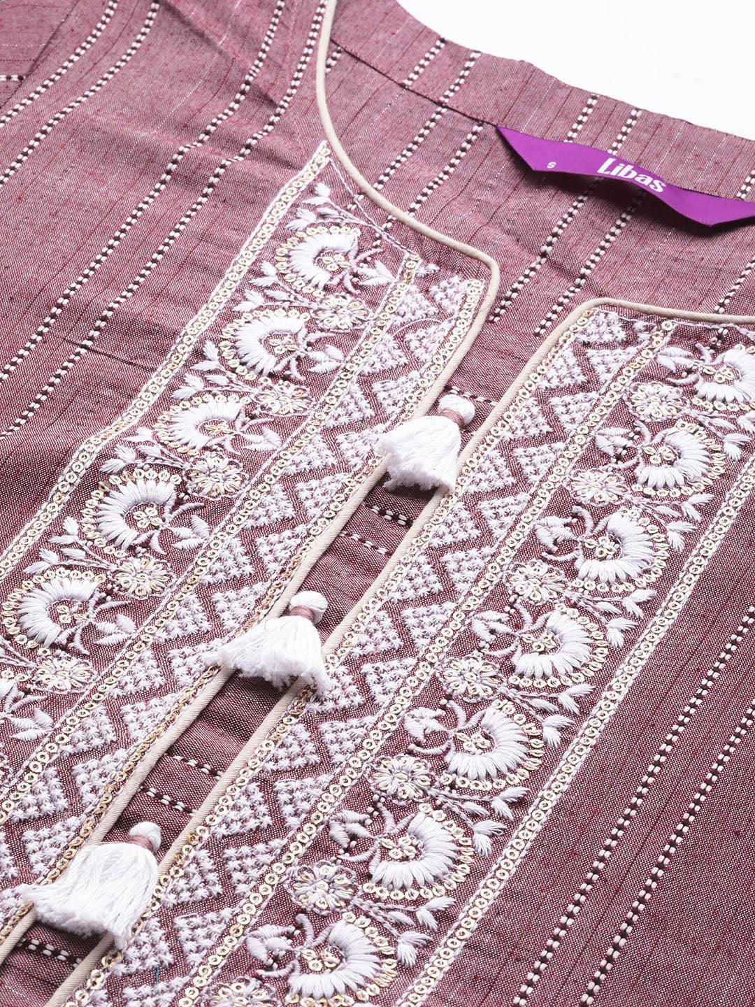 Mauve Embroidered Cotton Straight Kurta - ShopLibas