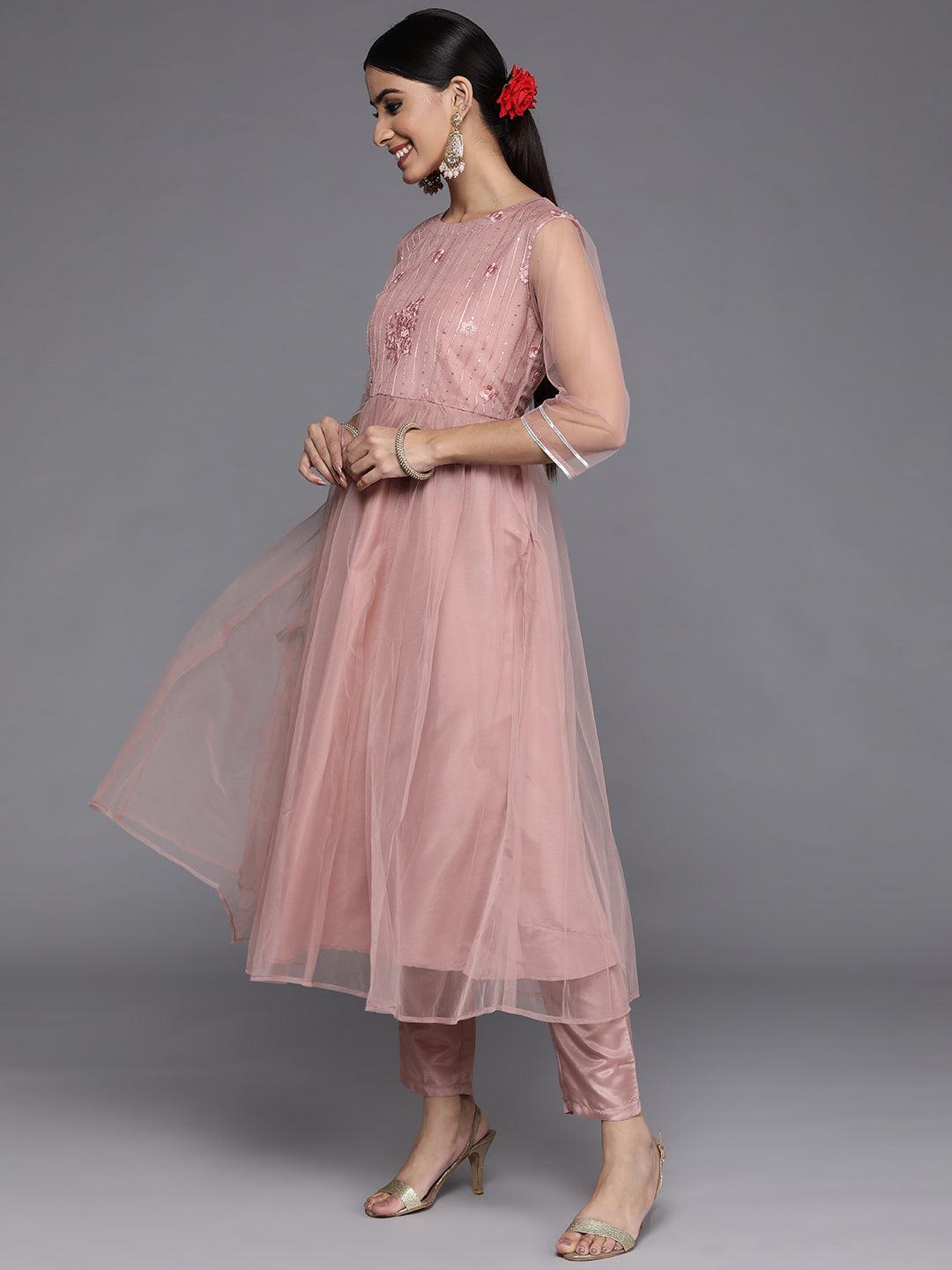 Mauve Embroidered Net Anarkali Suit Set With Trousers - Libas