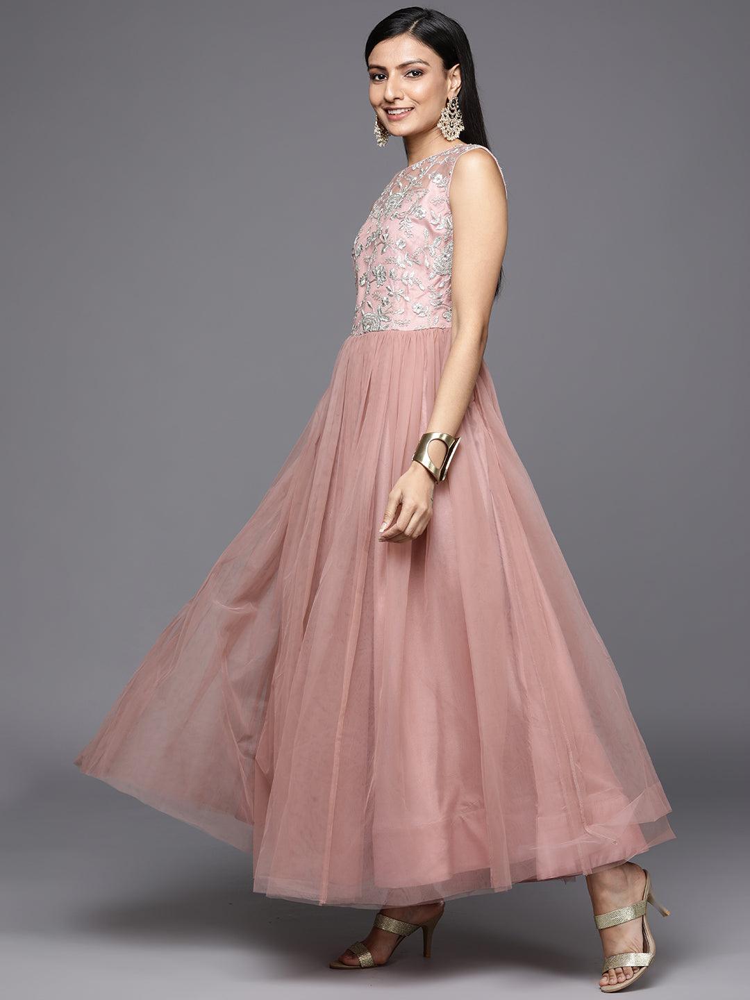 Mauve Embroidered Nylon Gown Dress - ShopLibas