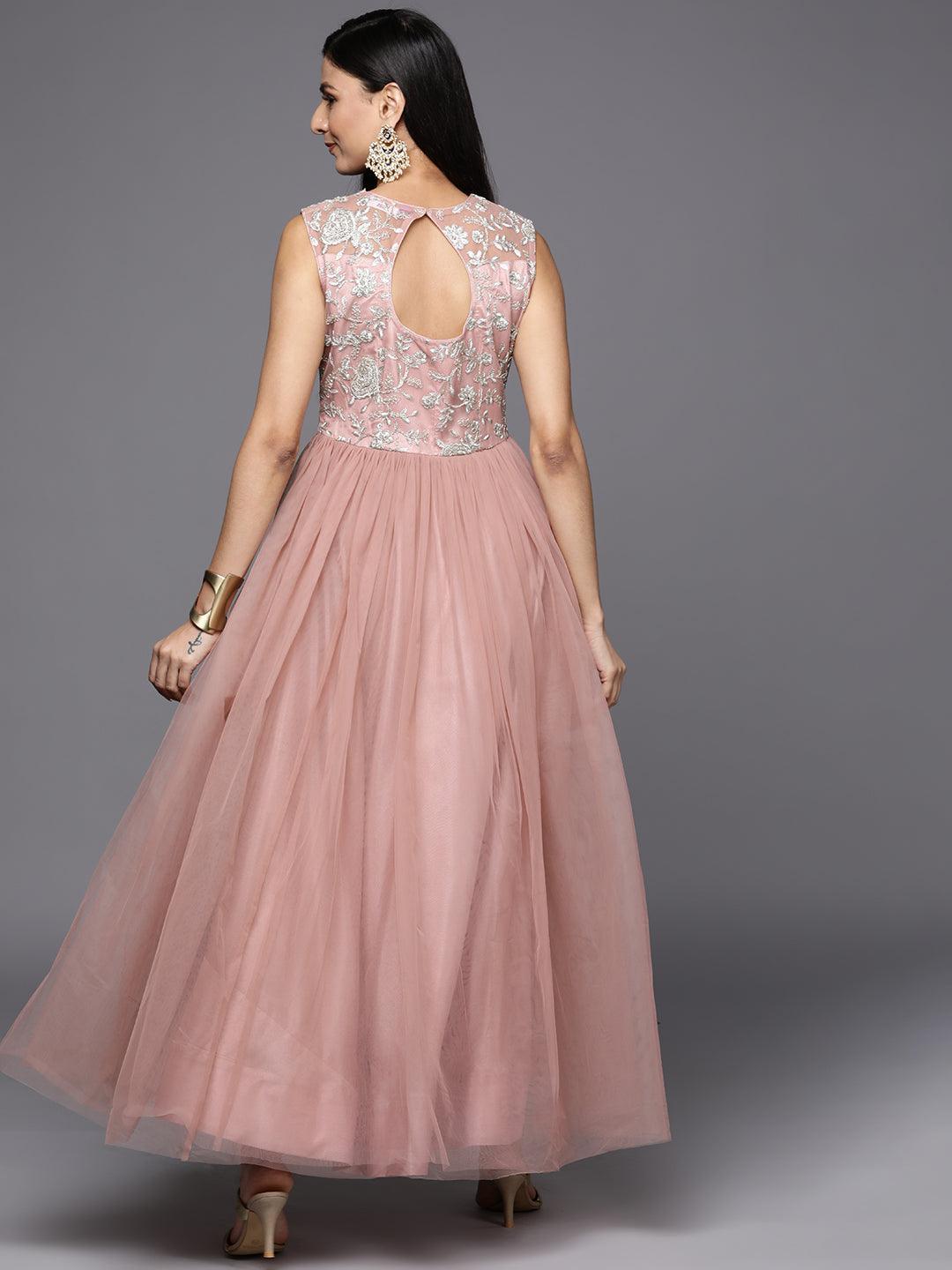 Mauve Embroidered Nylon Gown Dress - ShopLibas