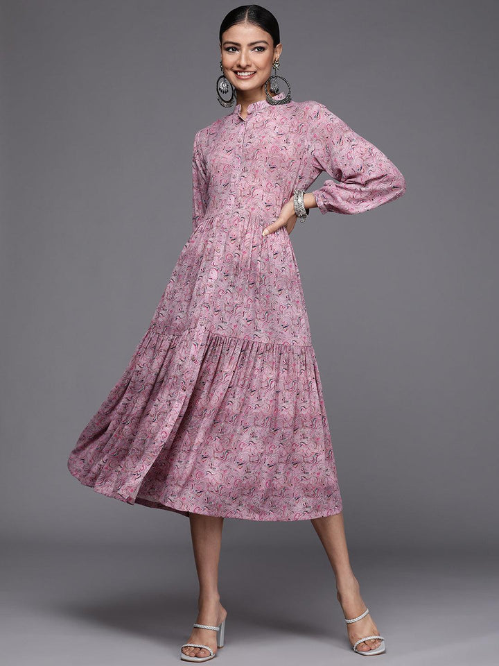 Mauve Printed Georgette Fit and Flared Dress