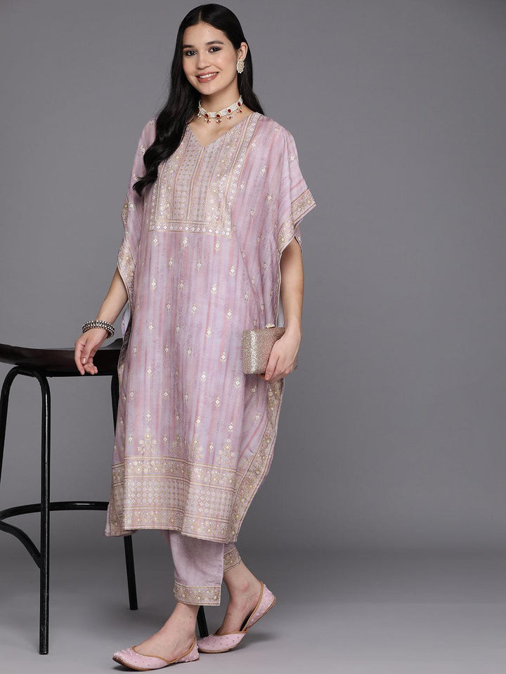 Mauve Printed Silk Blend Kaftan Kaftan With Trousers