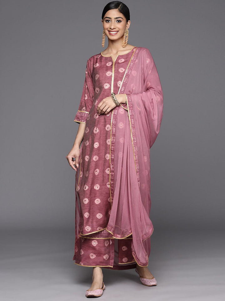 Mauve Printed Silk Blend Straight Suit Set With Palazzos