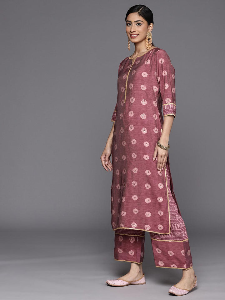 Mauve Printed Silk Blend Straight Suit Set With Palazzos