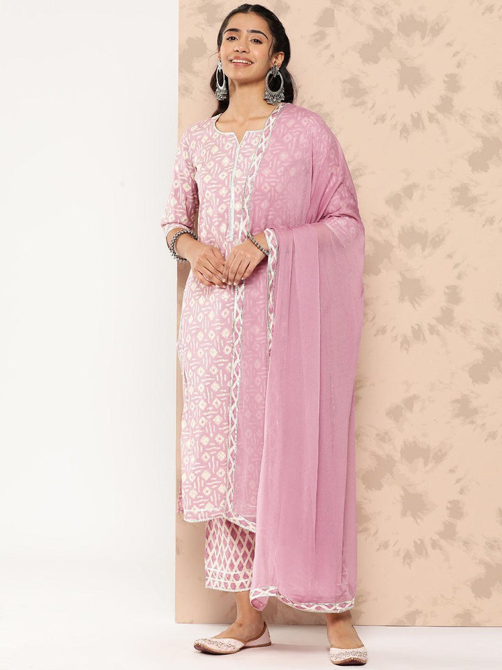 Mauve Printed Silk Blend Straight Kurta With Trousers and Dupatta