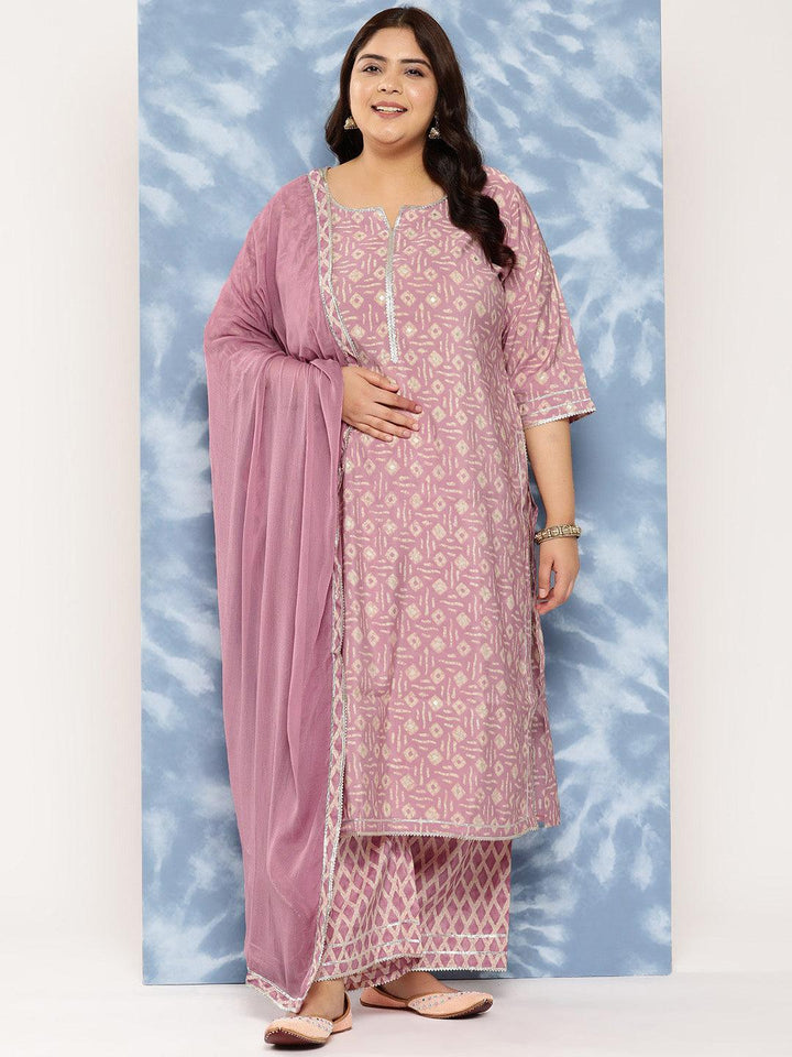 Mauve Printed Silk Blend Straight Kurta With Trousers and Dupatta