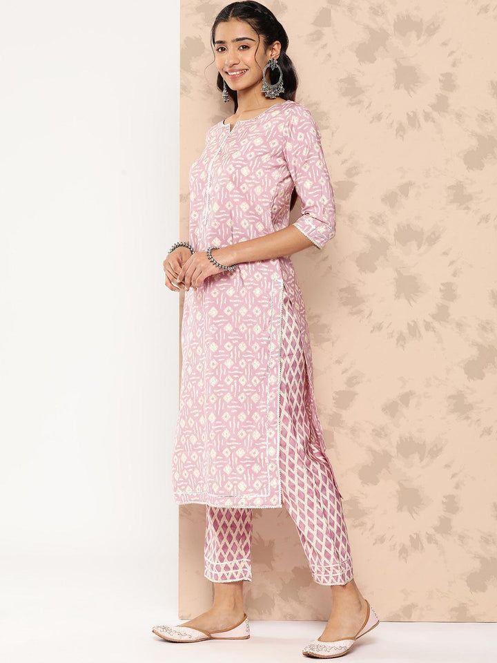 Mauve Printed Silk Blend Straight Kurta With Trousers and Dupatta