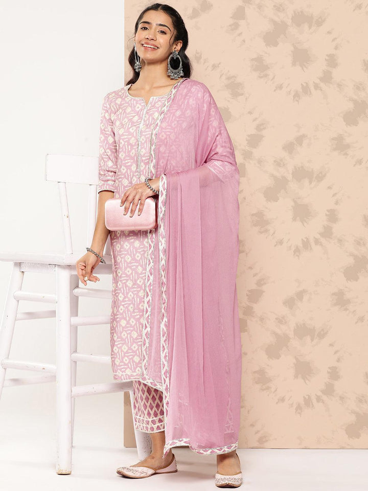 Mauve Printed Silk Blend Straight Kurta With Trousers and Dupatta
