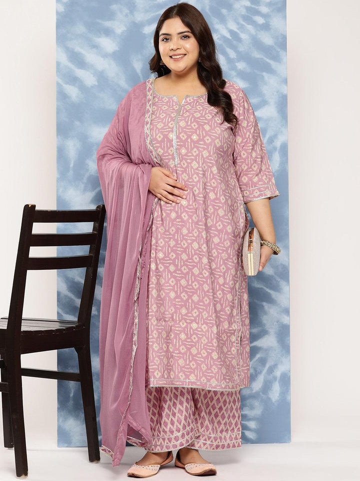 Mauve Printed Silk Blend Straight Kurta With Trousers and Dupatta