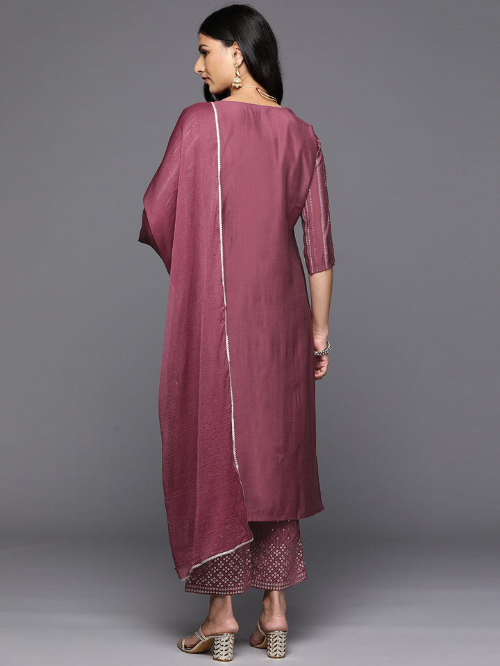 Mauve Printed Silk Blend Straight Kurta With Trousers & Dupatta