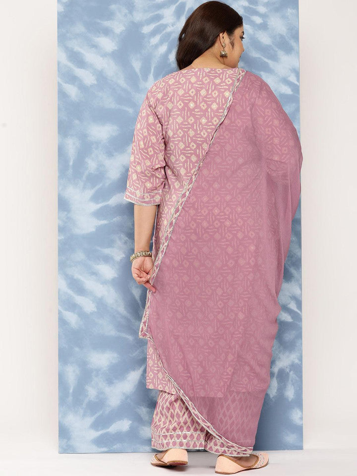 Mauve Printed Silk Blend Straight Kurta With Trousers and Dupatta