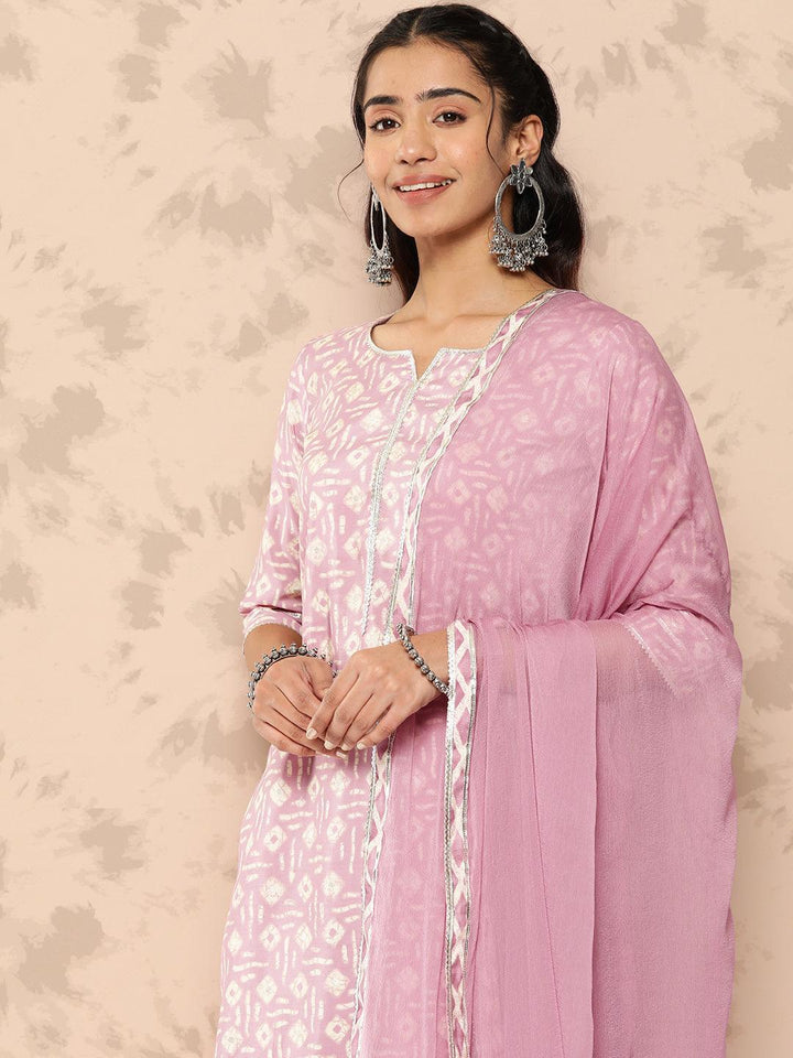 Mauve Printed Silk Blend Straight Kurta With Trousers and Dupatta
