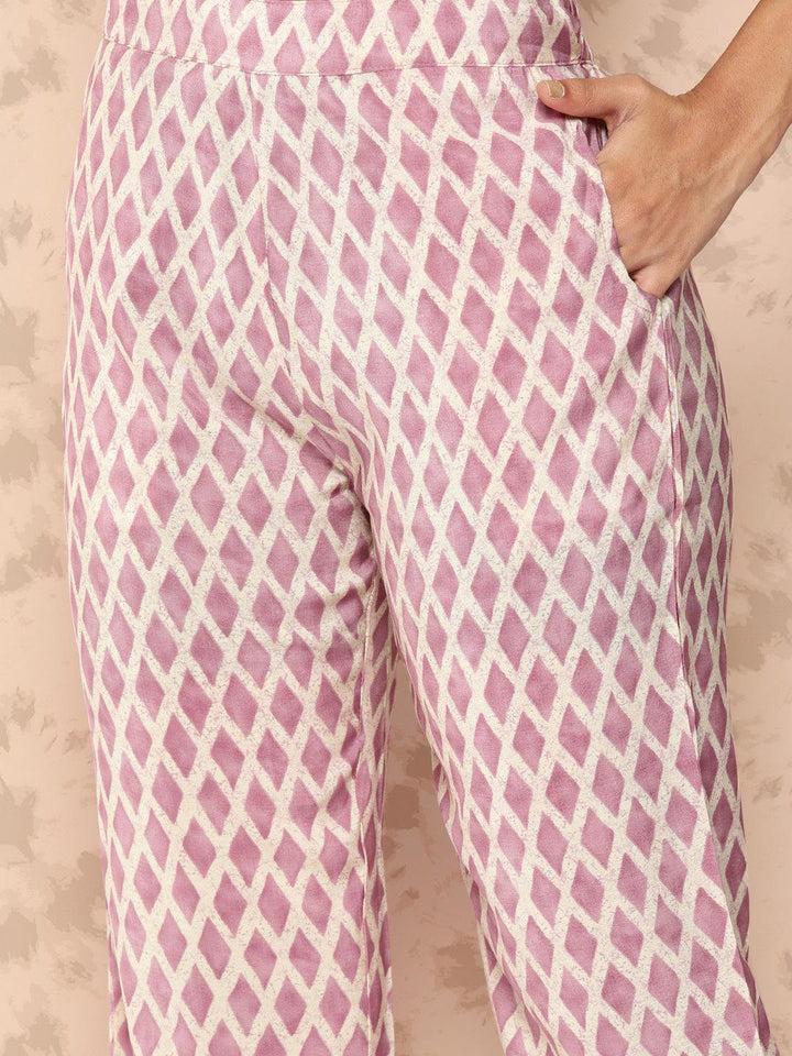 Mauve Printed Silk Blend Straight Kurta With Trousers and Dupatta