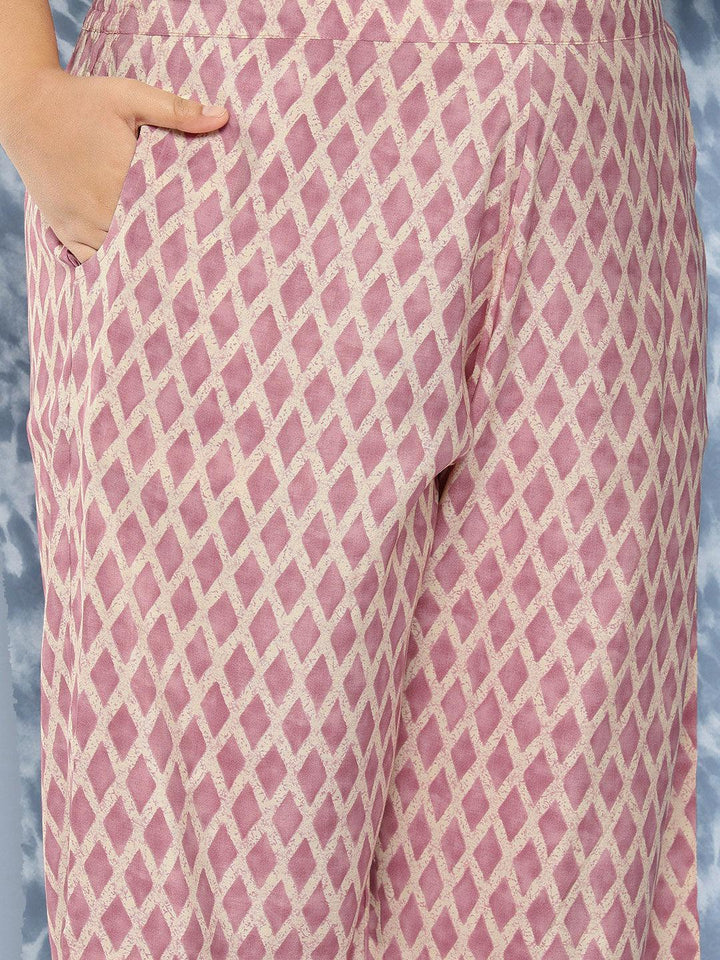 Mauve Printed Silk Blend Straight Kurta With Trousers and Dupatta