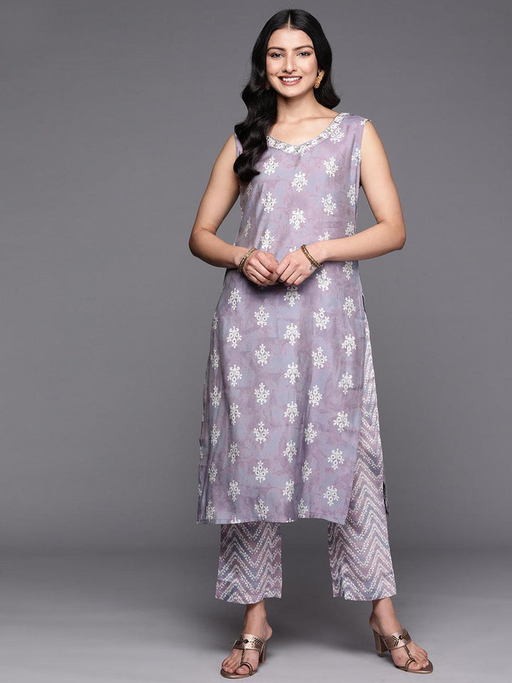 Mauve Printed Silk Blend Straight Kurta Set With Trousers