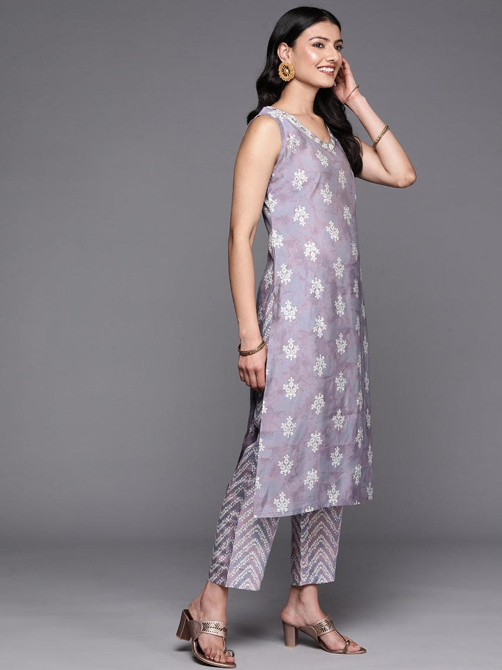Mauve Printed Silk Blend Straight Kurta Set With Trousers
