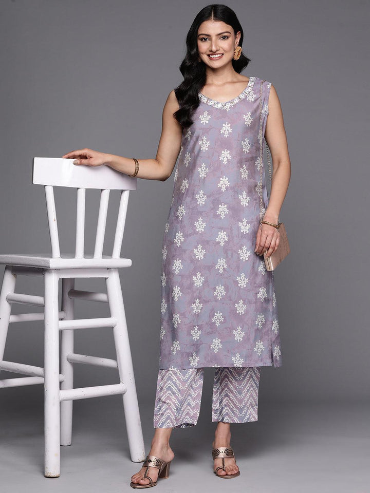 Mauve Printed Silk Blend Straight Kurta Set With Trousers