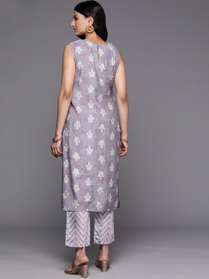 Mauve Printed Silk Blend Straight Kurta Set With Trousers
