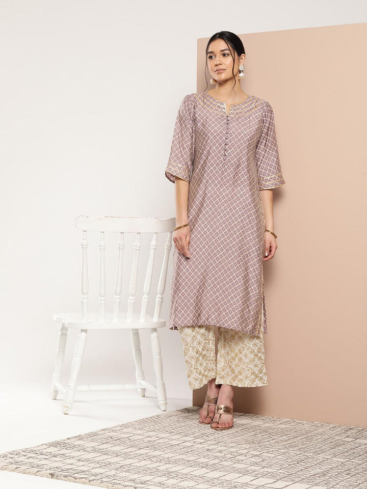 Mauve Printed Silk Straight Kurta