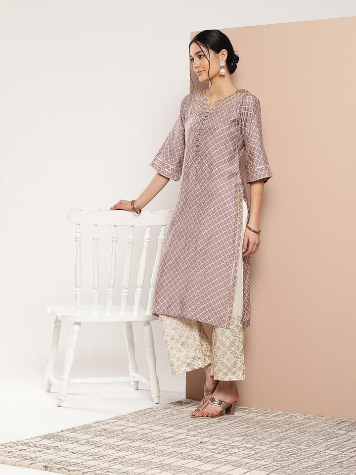 Mauve Printed Silk Straight Kurta