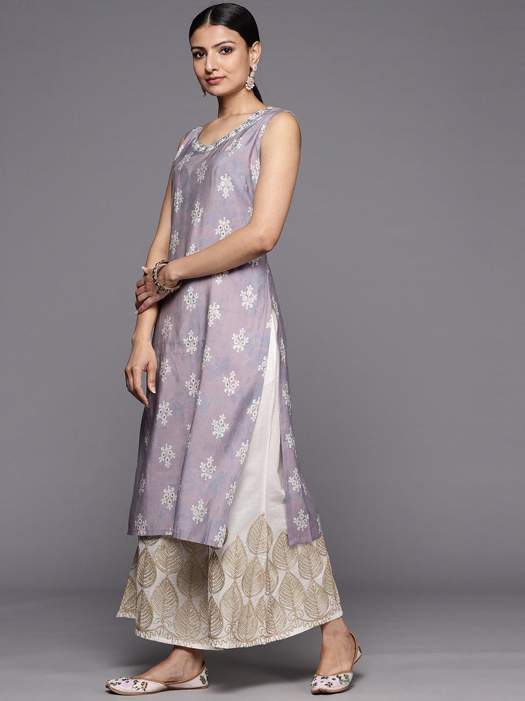Mauve Printed Silk Straight Kurta - ShopLibas
