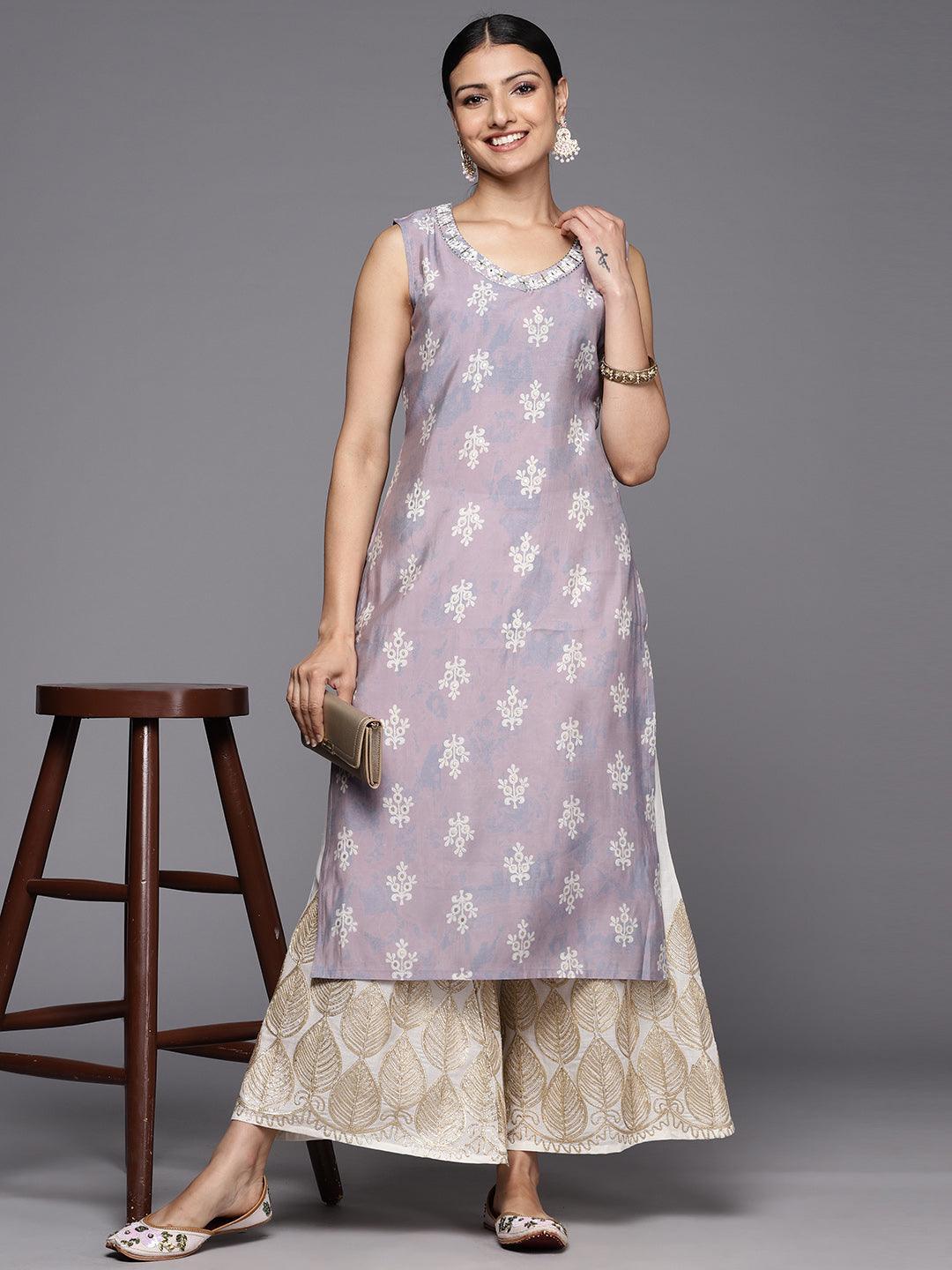 Mauve Printed Silk Straight Kurta - ShopLibas
