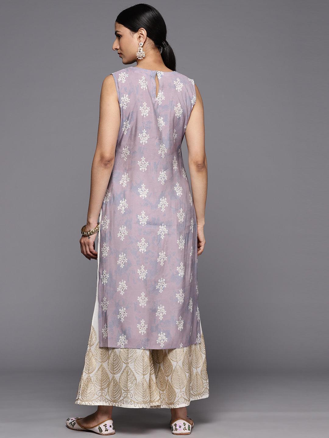 Mauve Printed Silk Straight Kurta - ShopLibas