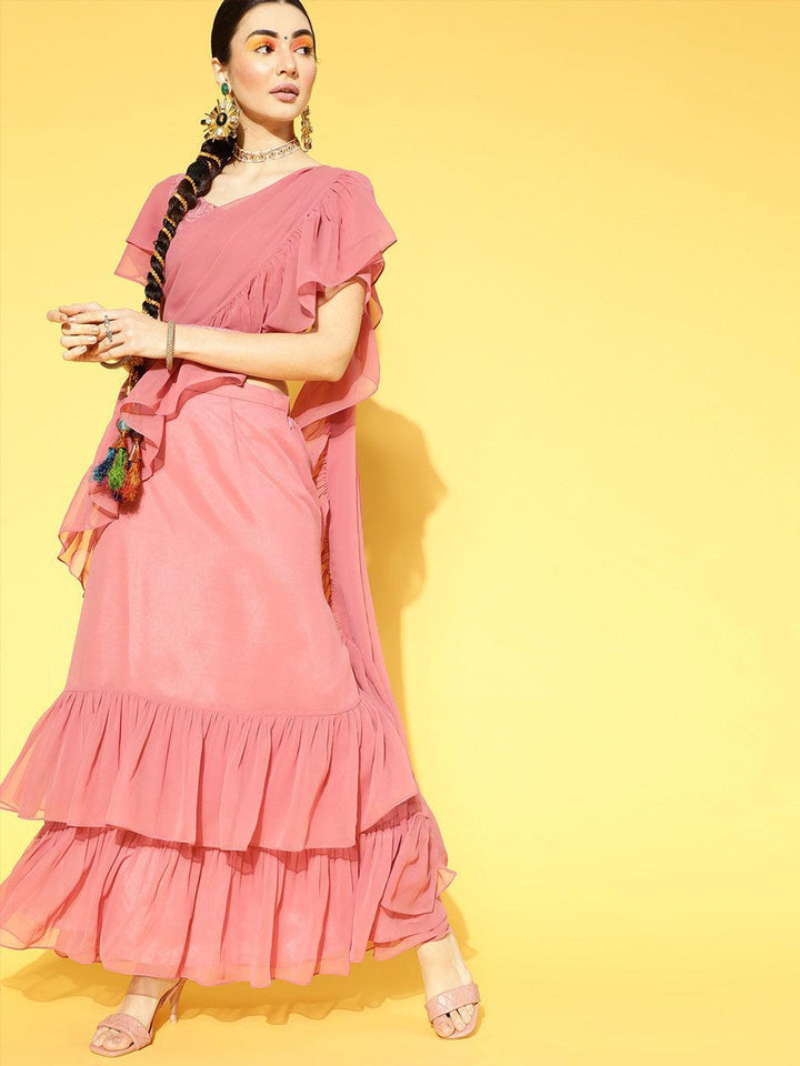 Mauve Solid Georgette Ready to Wear Saree With Potli