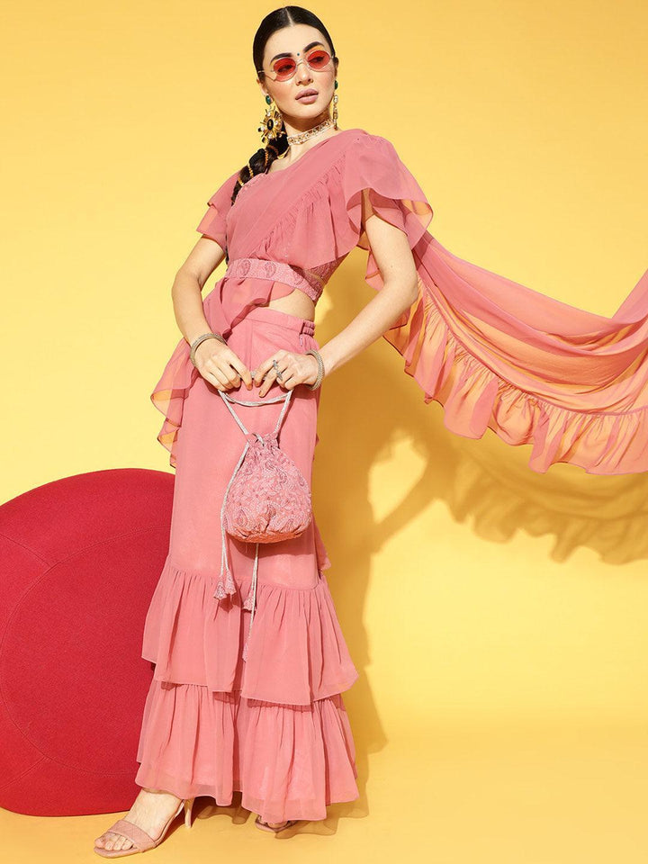 Mauve Solid Georgette Ready to Wear Saree With Potli