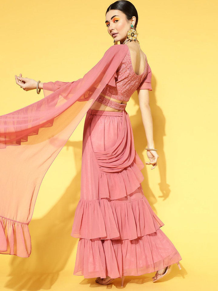 Mauve Solid Georgette Ready to Wear Saree With Potli