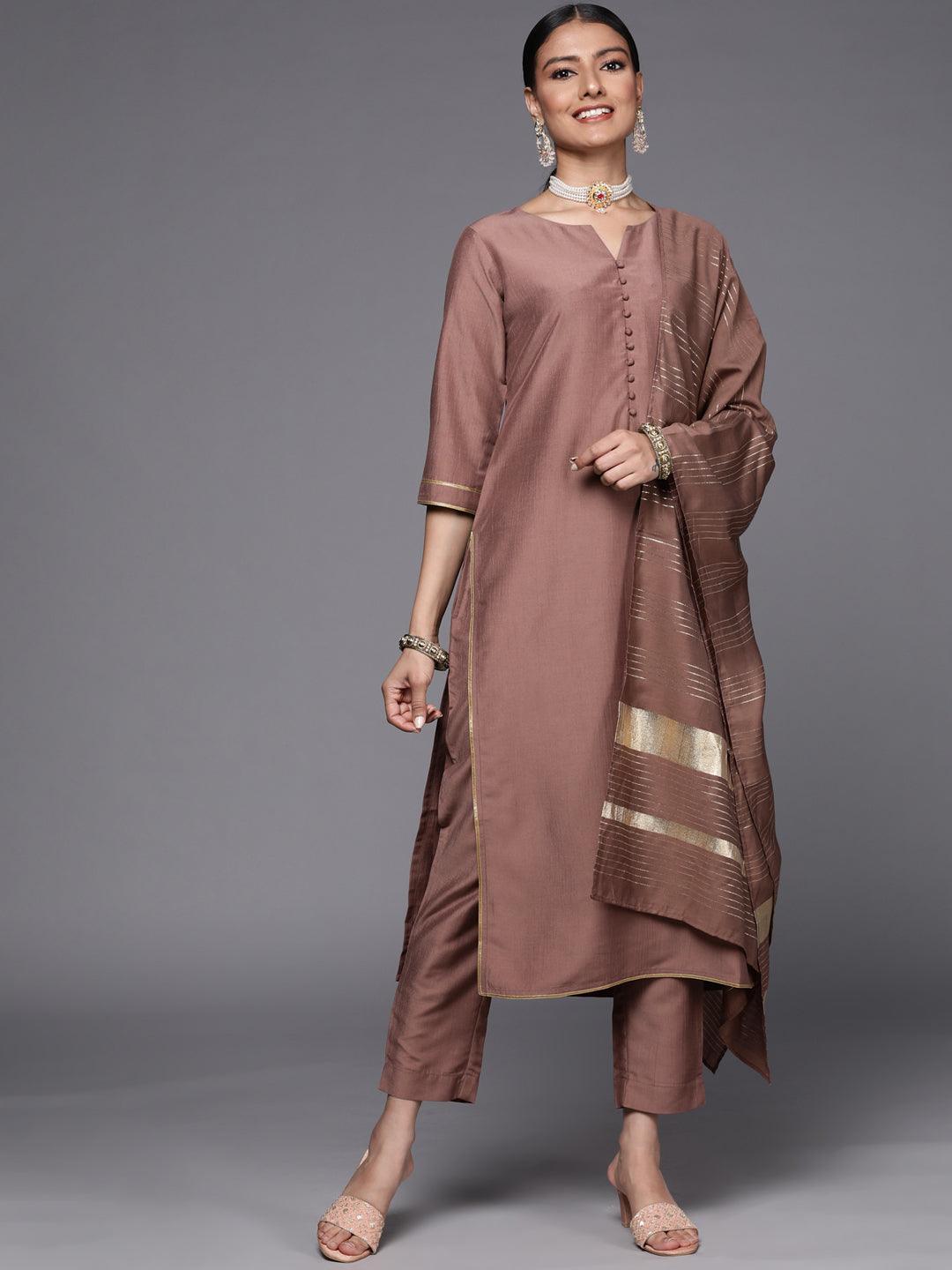 Mauve Solid Silk Blend Straight Suit Set - ShopLibas