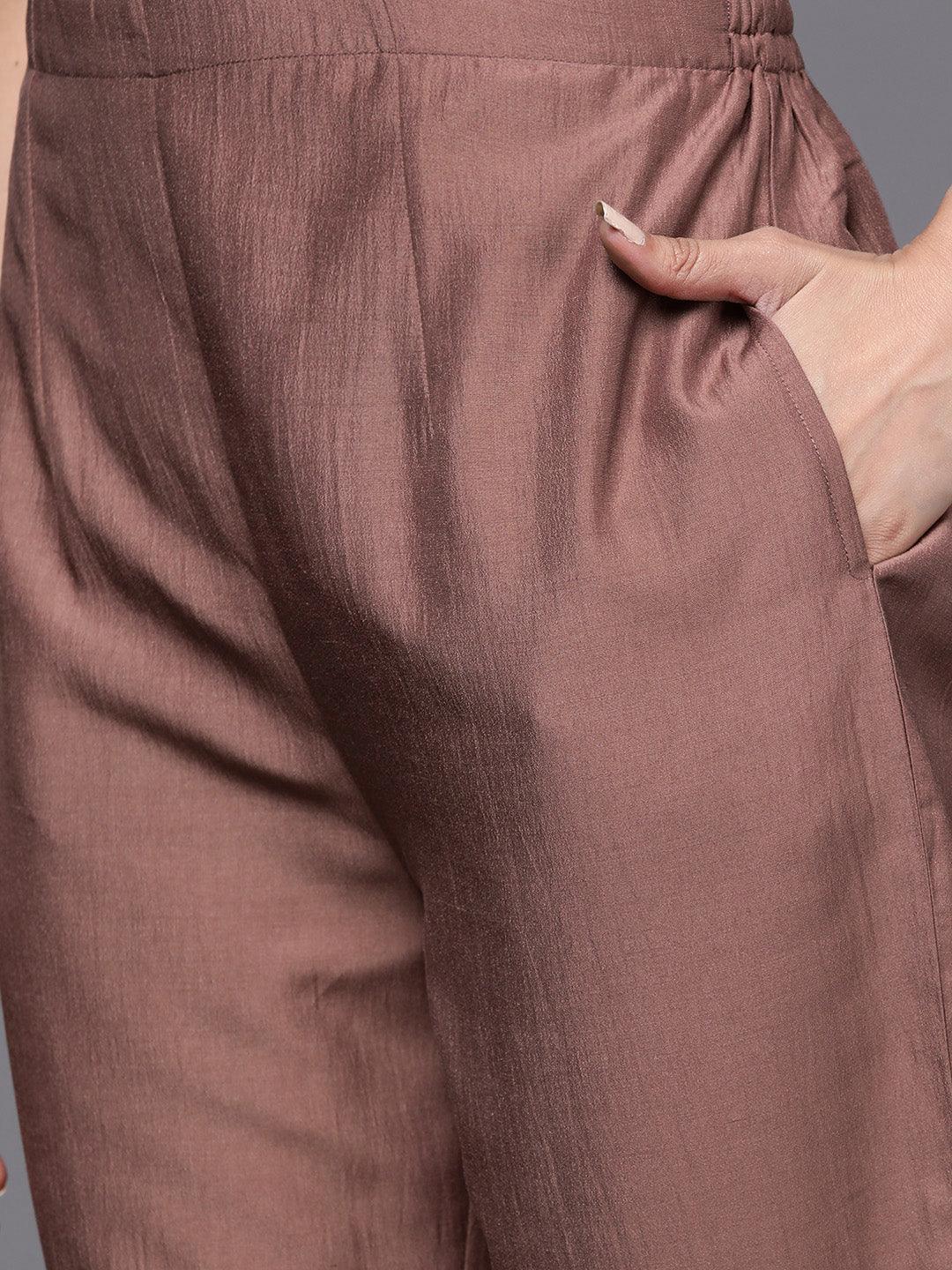 Mauve Solid Silk Blend Straight Suit Set - ShopLibas